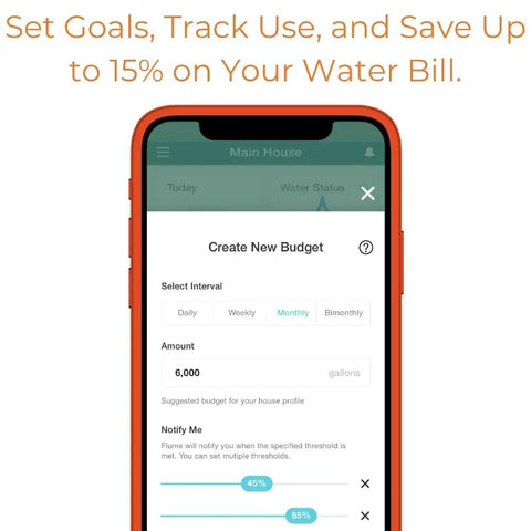 F2X Smart Home Water Monitor and Leak Detector on phone app, create budget screen with monthly water use