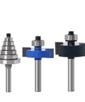 Awesome 3 Pc Quarter Inch Rabbet Router Bit Set With Six Bearings for smooth tenon cutting displayed on white background.