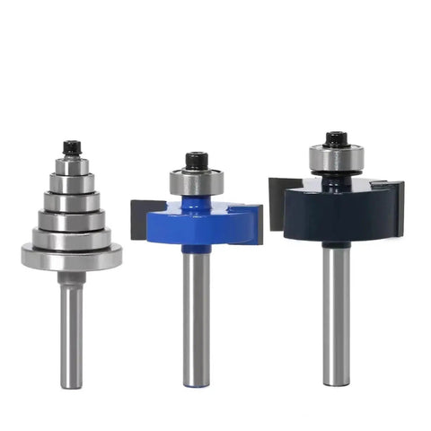 Awesome 3 Pc Quarter Inch Rabbet Router Bit Set With Six Bearings for smooth tenon cutting displayed on white background.