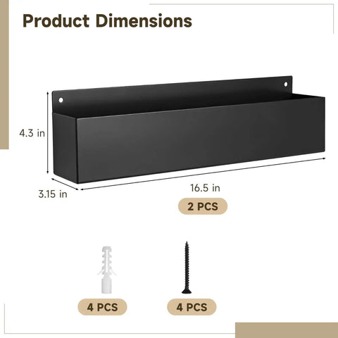 Two Pack Magnetic Storage Can Holder Set For Desk Or Wall Mount, product dimensions, hardware included, black metal shelf