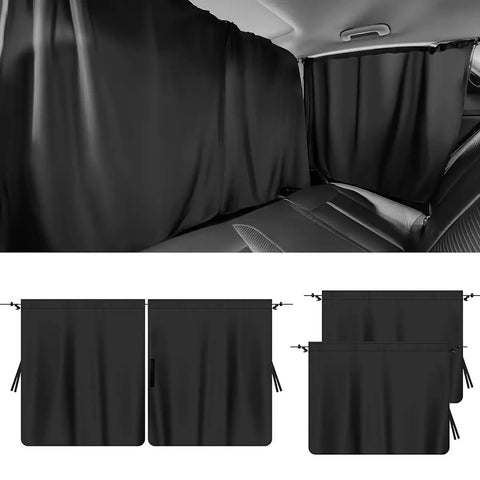 Top Shelf Heavy Duty Blackout Privacy Curtains For Tesla Cybertruck Rear Window Sun Shade creating a chill cabin zone with black fabric.