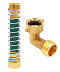 Brass 3/4 Inch GHT 90 Degree Elbow Garden Hose Connector Kit With Male And Female Adapters, Rust-Resistant, Leak-Proof, No Fuss, Includes 5.5 Inch Coil Spring Connector, Rubber Washer, Stainless Steel Spiral Ring For Quick, Easy Watering, brass hose elbow and coil spring connector