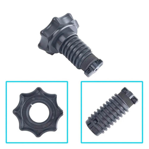 Premium Black Plastic Car Wheel Studs And Tire Mounting Screw Bolt Retainer Kit For Audi A3, Q7, RS3 Models With Durable Load Bearing Capacity No Snapping black plastic wheel retainer, top and side views