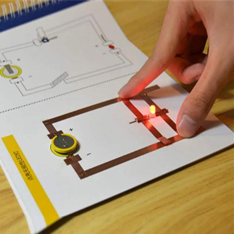 Person demonstrating a circuit on paper using Copper Foil Tape With Conductive Adhesive, 4 Rolls In Sizes 0.2, 0.24, 0.3, 0.4 Inch, 22 Yards Each