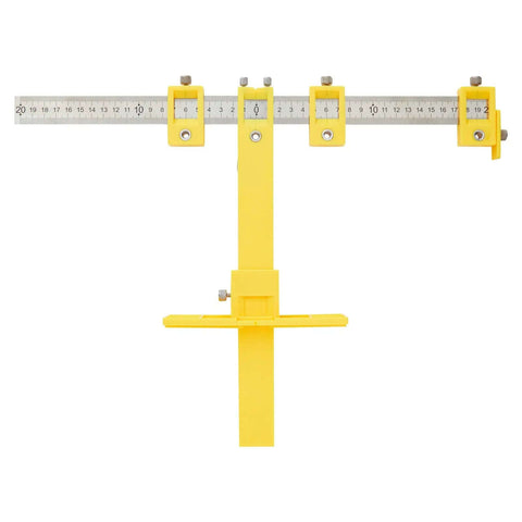 Adjustable Cabinet Hardware Drill Guide Jig With Quick Release Template For Doors And Drawers Bullseye Punch Locator Nail Straight Every Single Time Support Up To 16 Inch Pulls, yellow measuring tool for cabinet hardware installation.