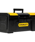 Black and yellow One-Latch 19-Inch Tool Box Built Tough For The Job, Easy One-Hand Open, Heavy-Duty Portable Carry with soft-grip handle