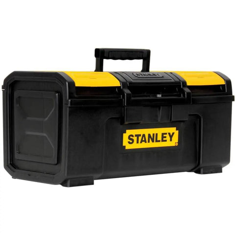 Black and yellow One-Latch 19-Inch Tool Box Built Tough For The Job, Easy One-Hand Open, Heavy-Duty Portable Carry with soft-grip handle