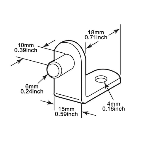 Diagram of Bronze Brass Plated Steel L Shelf Support Pegs 6mm L Shaped Cabinet Bracket Style with detailed measurements.
