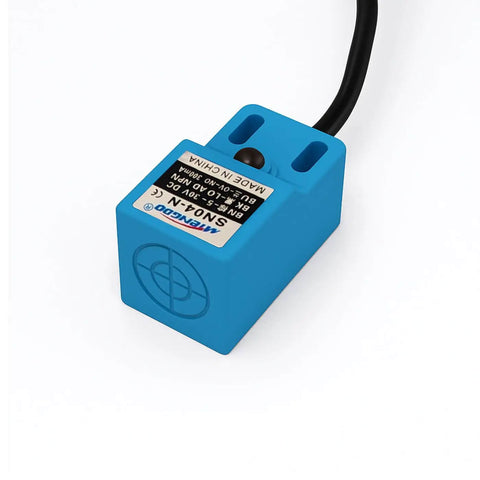 Inductive Proximity Sensor SN04-N NPN NO Switch with SN bracket, blue 4mm sensing range, 5-30V DC 3-wire output, front view