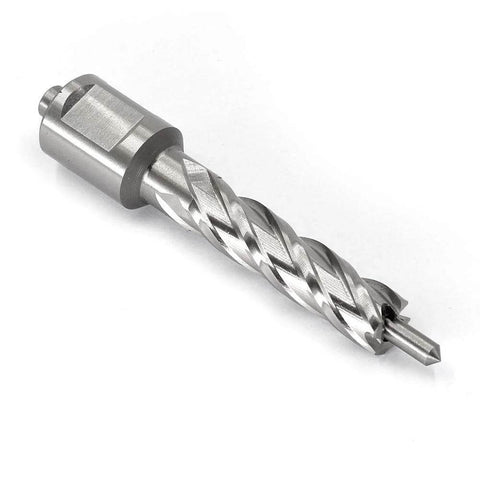 Annular cutter with Weldon shank, silver metal, spiral-fluted cutting tool