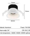 Six Pack Three Inch Cob Led Recessed Downlights Adjustable Thirty Degree Ceiling Spotlights With Anti Glare Shield Aluminum Trimless Can Fixtures, top view showing dimensions and specifications.
