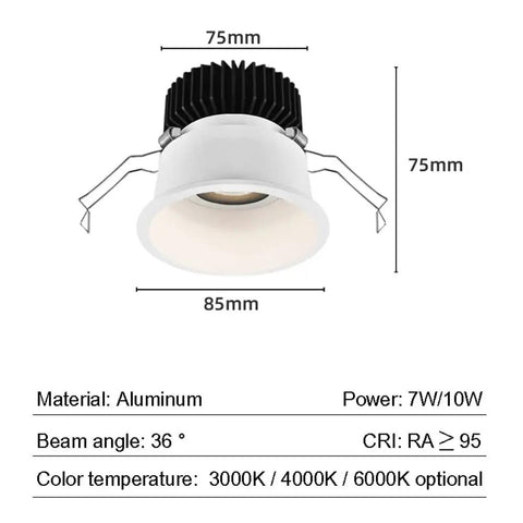 Six Pack Three Inch Cob Led Recessed Downlights Adjustable Thirty Degree Ceiling Spotlights With Anti Glare Shield Aluminum Trimless Can Fixtures, top view showing dimensions and specifications.