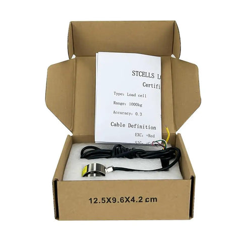 Inline Miniature Load Cell 58mm By 25mm For Tension And Compression, 20 Kg Up To 5 Ton Capacity For Impact Force Measurement Weighing Sensor, Alloy Steel, Built To Last, High Stability And Precision For Testing Gear And Auto Systems. Inline load cell in box with cable and certificate, 12.5x9.6x4.2 cm