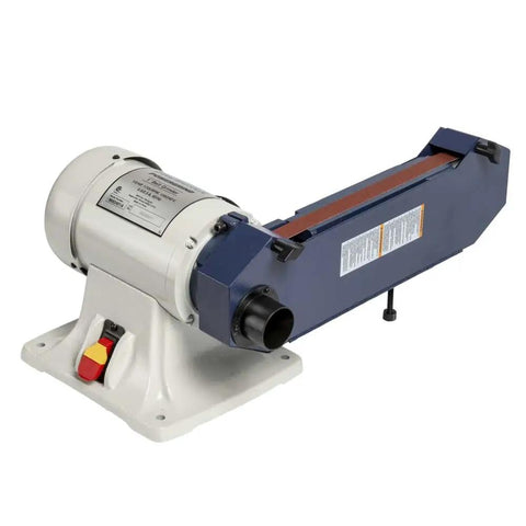 Heavy Duty 1 Inch Belt Grinder Bench Station For Deburring And Finishing Metal Or Wood With Lightning Fast 1800 Sfpm Drive on workshop floor.