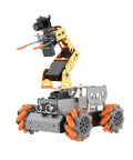 HIWONDER 5DOF AI vision robotic arm on orange metal mecanum-wheel chassis toy car kit front view