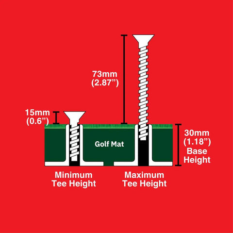 Height Adjustable Golf Tee Set With Flexible Plastic And Rubber Tees For Mats And Simulators diagram showing tee height adjustment