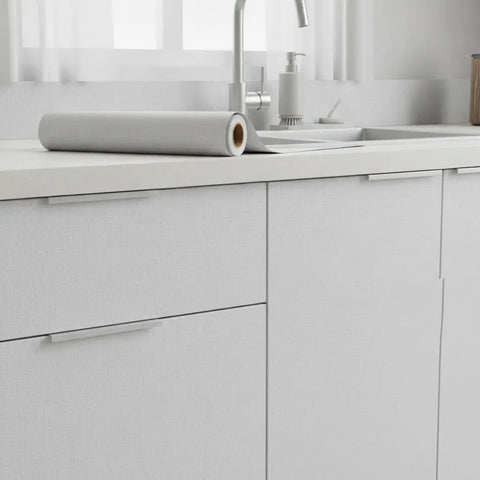Self Adhesive Wallpaper Roll Subtle Gray Linen Texture Waterproof Vinyl Peel and Stick Film on kitchen countertop