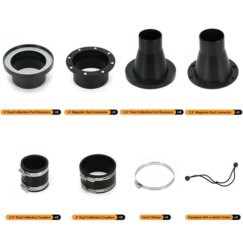 4 Inch And 2.5 Inch Magnetic Dust Collection Fittings Starter Kit For Shop Vac Hoses, featuring connectors and couplers for efficient dust removal.