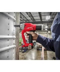 Quarter Inch Cordless Blind Riveter For Milwaukee M18 Fuel Platform in use, fastening metal sheets with precision.