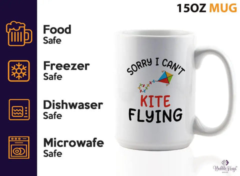 Sorry I Cant Kite Fly This Morning Coffee Mug 15oz White For Kite Lovers Paragliders And Kite Buggy Fans with icons showing safety features