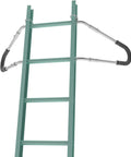 Pro Grade Ladder Stabilizer Brackets With Foam Elbows And Anti Shedding Device For Rock Solid Work At Height Fits Ladders Up To Type 1A 300 Pound ANSI OSHA Approved Easy Switch Between Ladders Without Wobble attached to green ladder.
