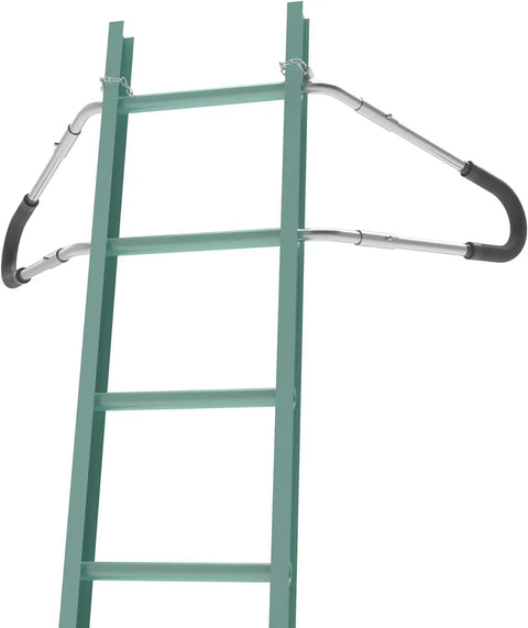 Pro Grade Ladder Stabilizer Brackets With Foam Elbows And Anti Shedding Device For Rock Solid Work At Height Fits Ladders Up To Type 1A 300 Pound ANSI OSHA Approved Easy Switch Between Ladders Without Wobble attached to green ladder.