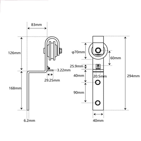 Technical drawing of Sliding Barn Door Kit For 5 To 13 Feet Heavy Carbon Steel Rail System With Matte Black Finish.