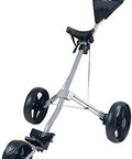 Make Your Round Look Slick With This Three Wheel Golf Push Cart Built Around A Foldable Frame For Easy Storage And Smooth Eva Wheels To Make Fairway Rolling A Total Breeze In Clean White. Image shows a three-wheel golf push cart with an aluminum frame and EVA tires.