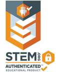 STEM.org authenticated educational product logo with orange geometric design and robot icon.