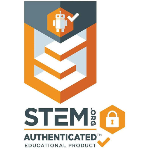 STEM.org authenticated educational product logo with orange geometric design and robot icon.