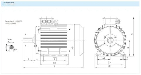 Technical diagram of AC 380V Variable Frequency Drive Motor For Industrial Air Compressors, YYT100L Series dimensions.
