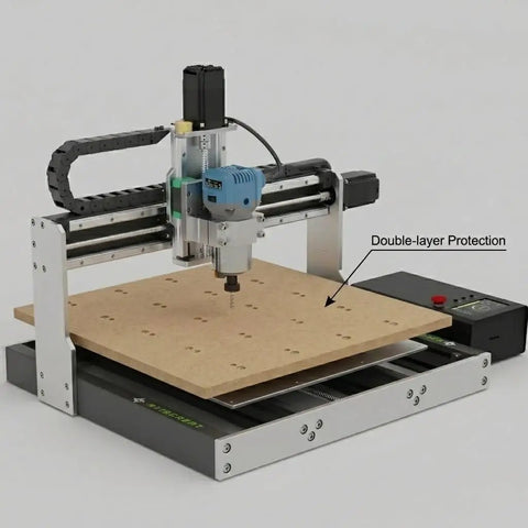 Heavy Duty Desktop CNC Router 4040 With Linear Guide Ball Screw, featuring MDF spoil board and double-layer protection.