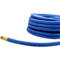 No BS 3 8 Inch Air Compressor Hose 50 Feet Long With Flexible Hybrid Rubber Build For Kicking Out Oil And Abrasion Issues Plus Being Weather Proof For Outside Use And Brass 1 4 MNPT Connectors Attaching To Any Tool You Got For Gritty Work coiled blue hose with brass fitting