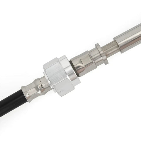 Close-up of 14 Foot Mechanical Rack And Pinion Steering Cable For SeaStar Teleflex Helm Back Mount Systems end fitting.
