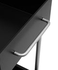 Close-up of the handle on the Ride Smooth Black Two Tier Mobile Bar Cart With Secure Roller Wheels Home Serving Stand.