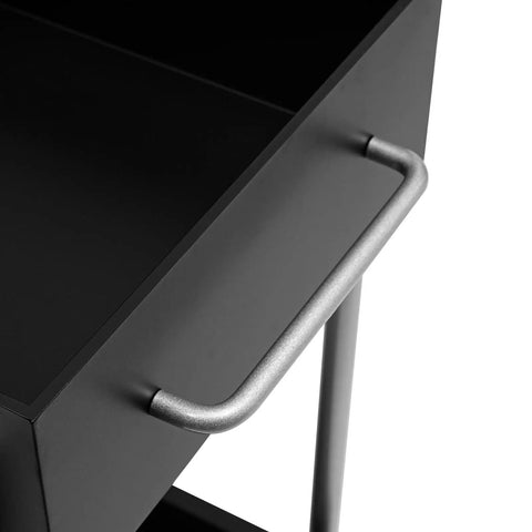 Close-up of the handle on the Ride Smooth Black Two Tier Mobile Bar Cart With Secure Roller Wheels Home Serving Stand.
