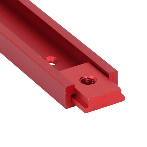 Heavy Duty Aluminum T Slot Rail And Slider Set With Double Groove Profile, close-up view showing pre-drilled holes and red finish.