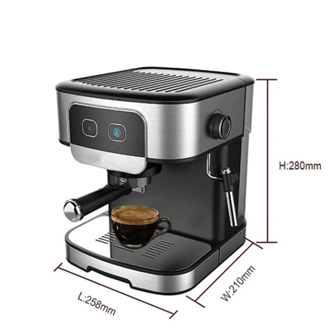 No Fuss Electric Coffee Machine With Built In Milk Frother Barista Grade Cappuccino Maker on counter with espresso cup