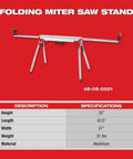 Ultra Portable Aluminum Folding Miter Saw Stand With Universal Mounting Brackets on red background with specifications table.