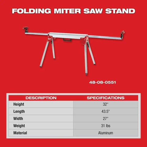 Ultra Portable Aluminum Folding Miter Saw Stand With Universal Mounting Brackets on red background with specifications table.