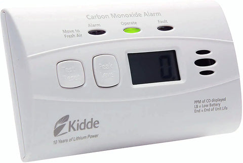 Carbon Monoxide Detector With Ten Year Battery Digital Display Three LEDs Replacement Indicator Peak Level Memory Two Pack For Easy Home Safety No Wiring Needed And It Alerts On Power Outage With An 85 Decibel Alarm, side view showing digital display and buttons.