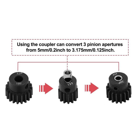 GLOBACT RC pinion gear adapters, set of 3, black steel with silver bore, for 3.175mm–5mm shaft