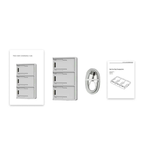 Neo Fast Charging Drone Battery Hub With Multi Port Power Station, plug-and-play charger, cables and manual shown