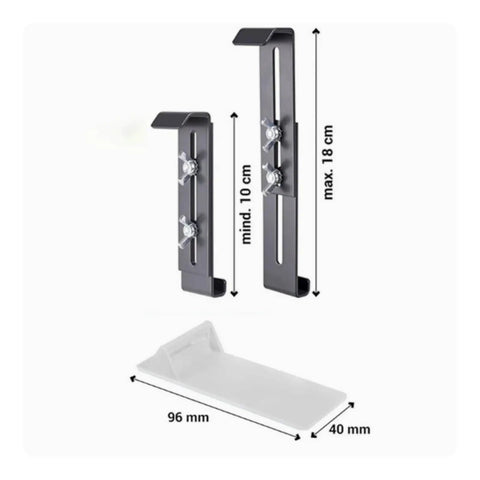 Dimensions of Four Piece Window Planter Box Brackets for Renters with Adjustable Upright heavy duty and white base adapter.