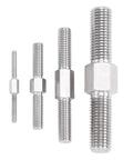 Front view of four stainless steel M12x60 double-ended studs with central hex nut and right/left hand threads