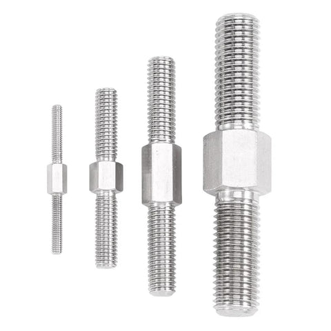 Front view of four stainless steel M12x60 double-ended studs with central hex nut and right/left hand threads
