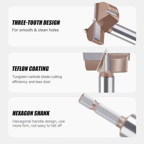 Elite Five Piece Forstner Drill Bit Set Featuring Gutsy Tungsten Carbide Tips And Heavy Duty Hex Shafts, showing three-tooth design details.