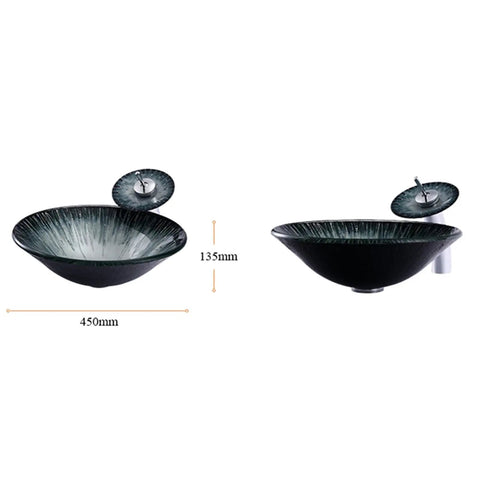 USZWBY 18'' Tempered Glass Vessel Sink,Starlight Design Artistic Bathroom Vessel Sink,Above Counter Basin Bowl with Waterfall Faucet and Pop-Up Drain, top view