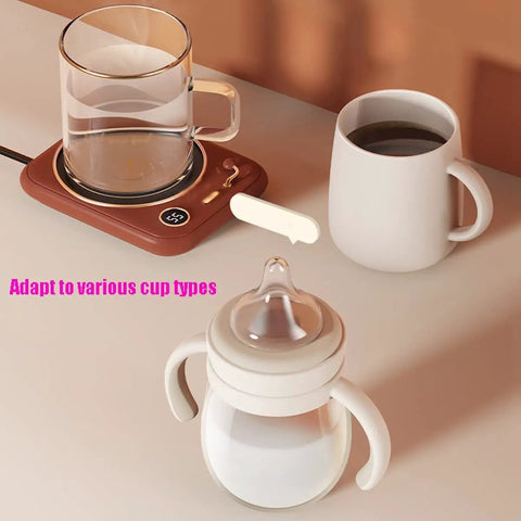 Smart Coffee Mug Warmer With Three Temperature Settings Keeps Your Mug Rocking Hot And Comfy Through The Daily Grind, shown with various cup types.