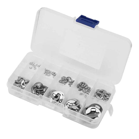 E Retaining Snap Circlip Kit 304 Stainless Steel Assortment, 120 Pieces, Sizes 1.5mm To 10mm in open storage case